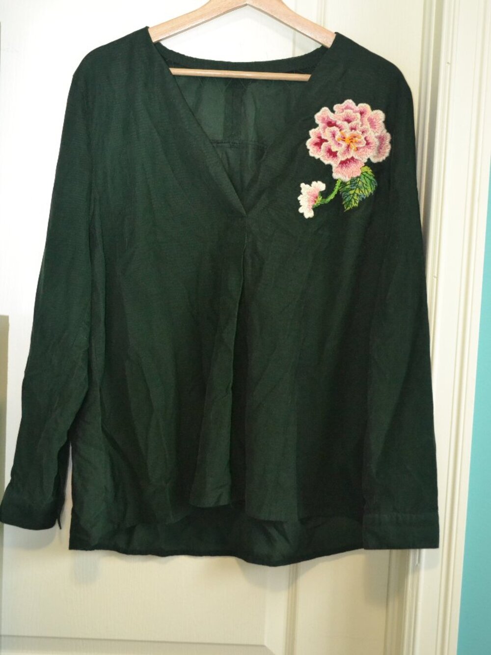 Hand Embroidered Peony Green Corduroy Blouse With V Neck